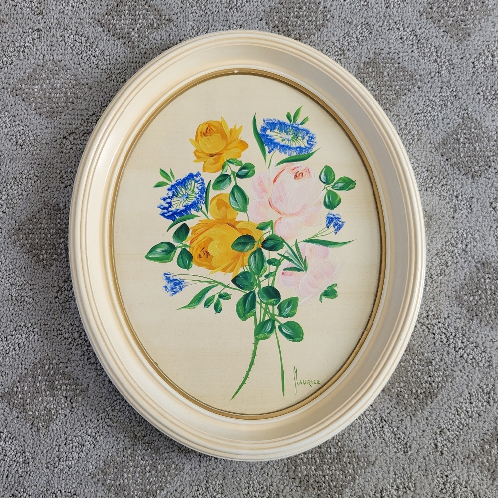 Vintage Oil Painting On Board Flowers Oval Frame